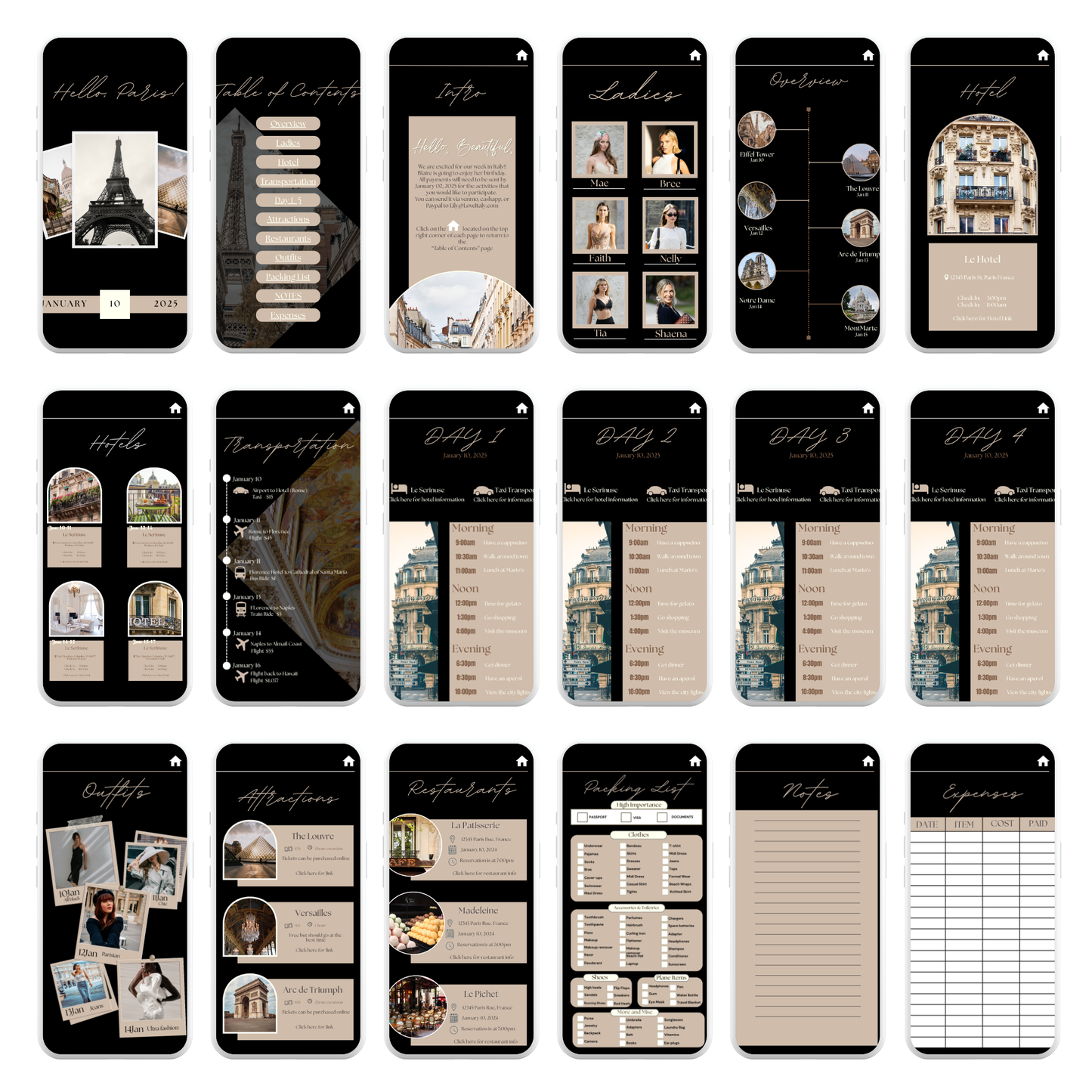 Black and Beige - Mobile Itinerary Template