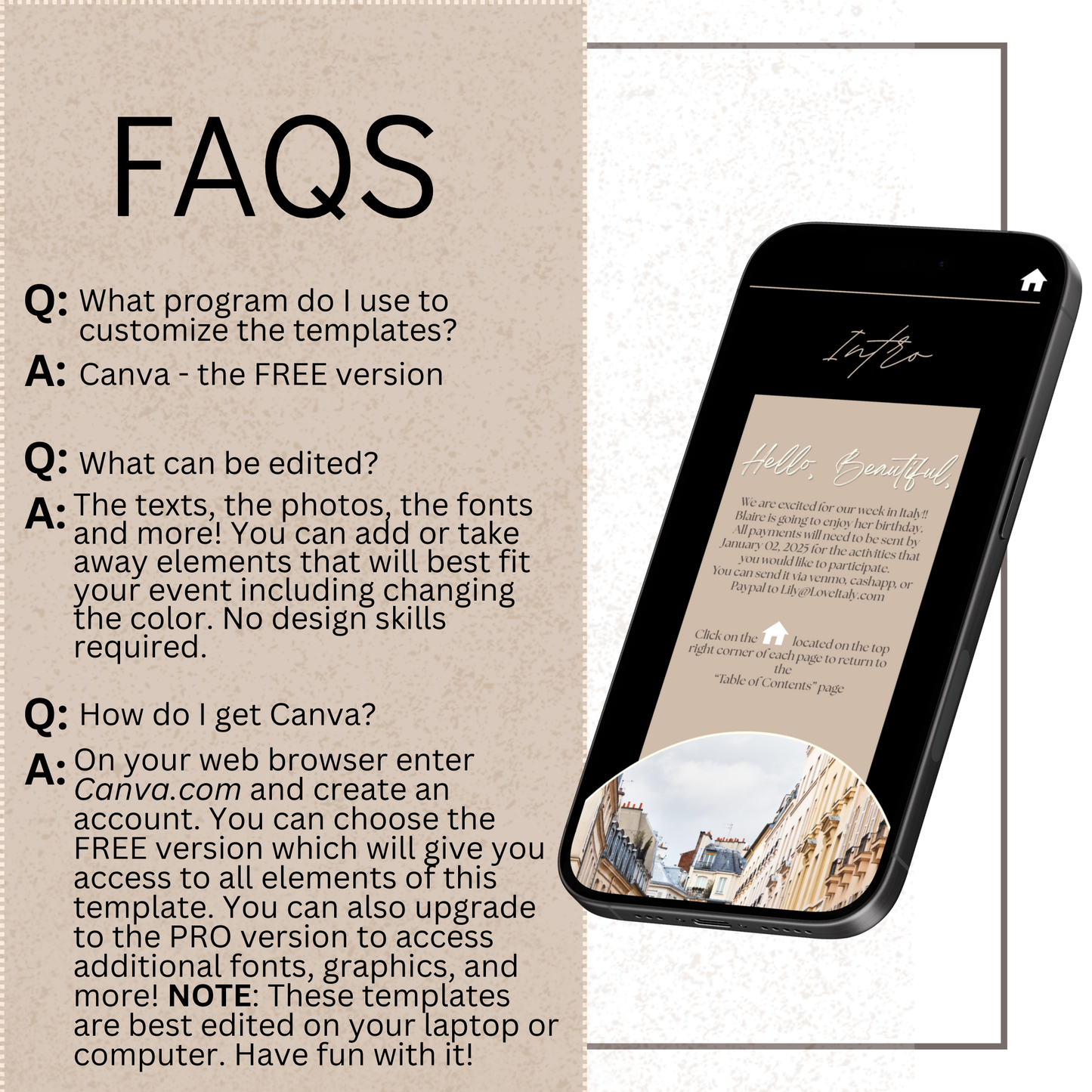 Black and Beige - Mobile Itinerary Template