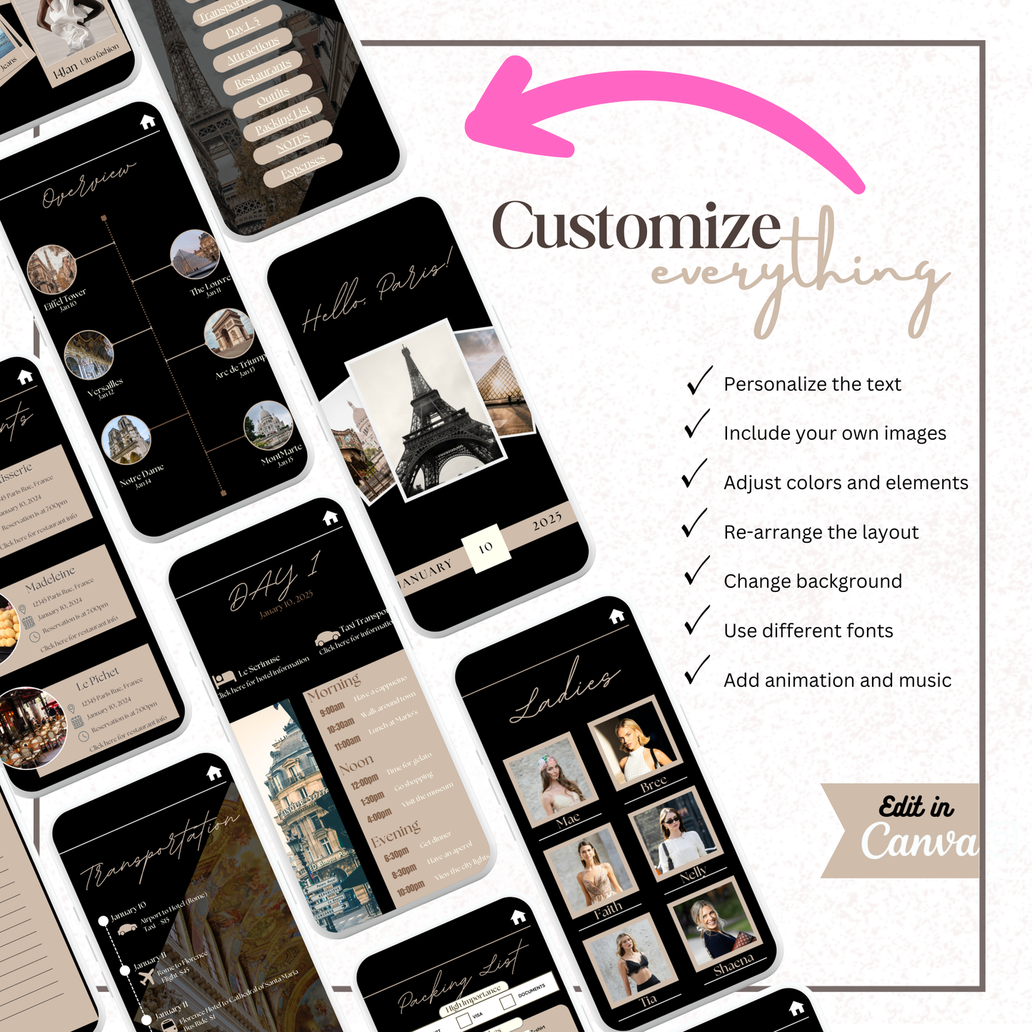 Black and Beige - Mobile Itinerary Template